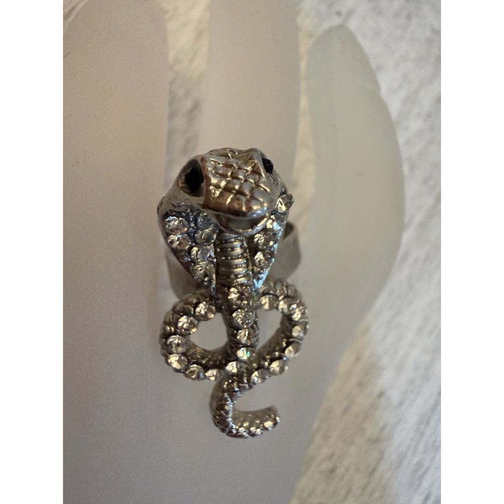 Vintage Silver Tone Rhinestone Cobra Snake Ring Coiled Serpent Clear Crystal 6.5